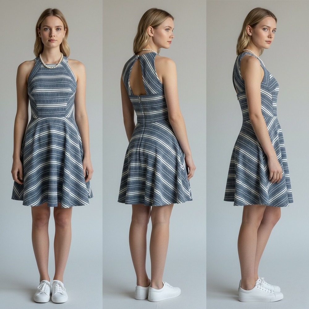 Altar'd State Blue White Striped Linen Blend‎ Open Back Skater Mini Dress Small